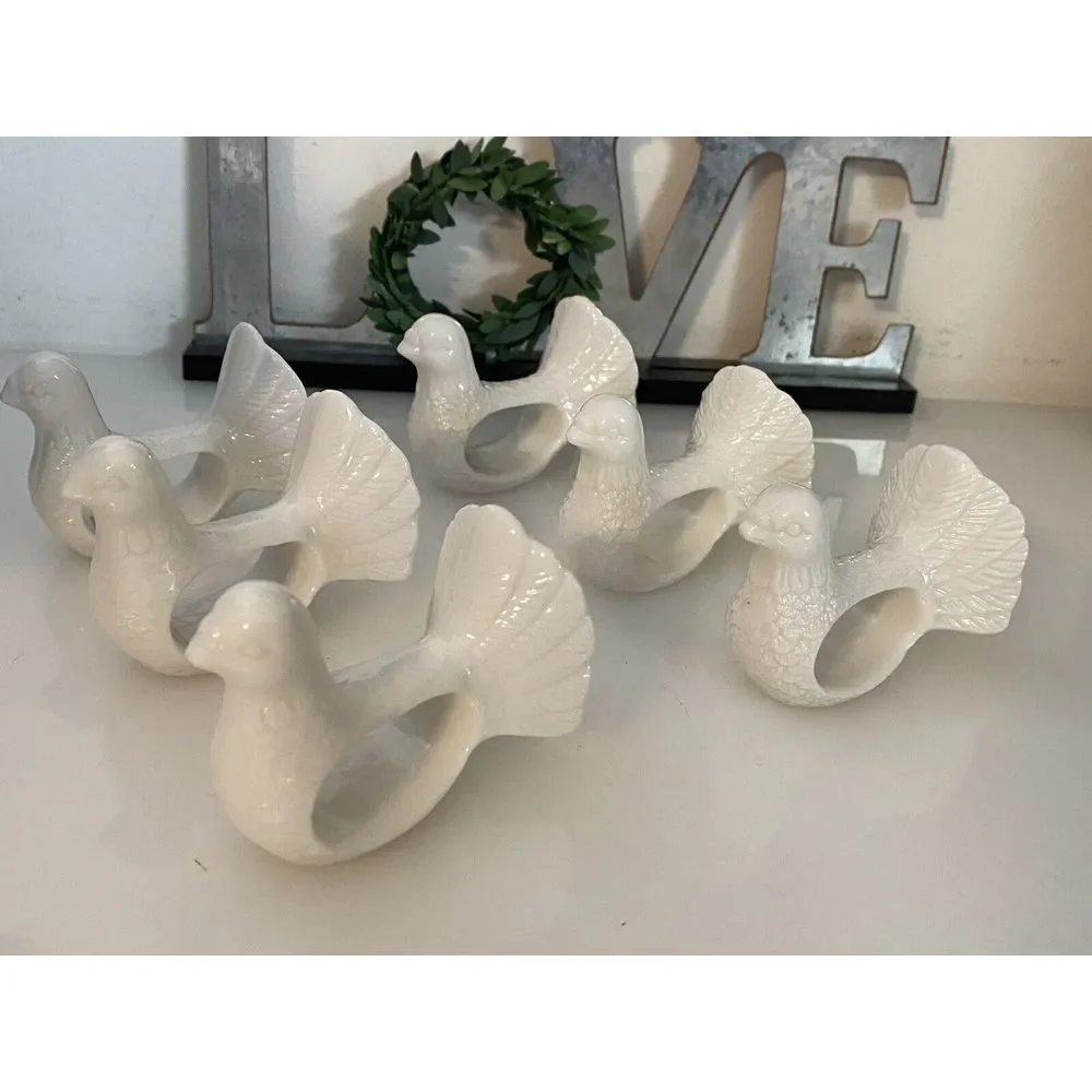 Set of 6 Dove Shafford Napkin Rings Holders Porcelain Bird‎ Retro Table Pigeons